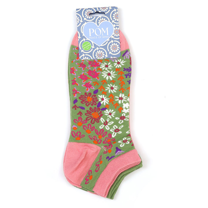 Pom 20267 Coral Olive Mix Blossoms Trainer Socks 2-Pack