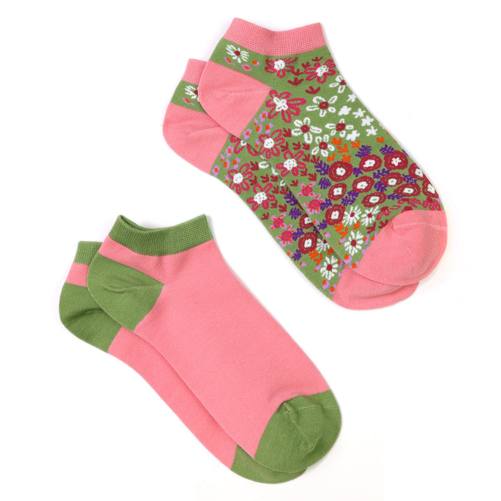 Pom 20267 Coral Olive Mix Blossoms Trainer Socks 2-Pack