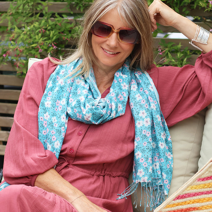 Pom 53163 Turquoise Lilac Floral Print Scarf