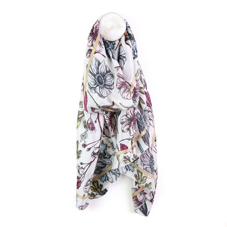 Pom 53175 White Silky Botancial Print Scarf