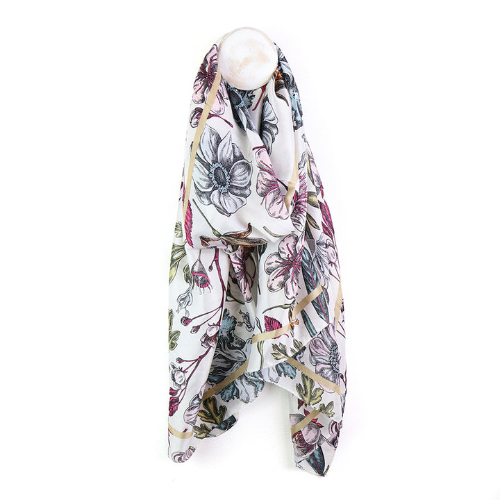Pom 53175 White Silky Botancial Print Scarf