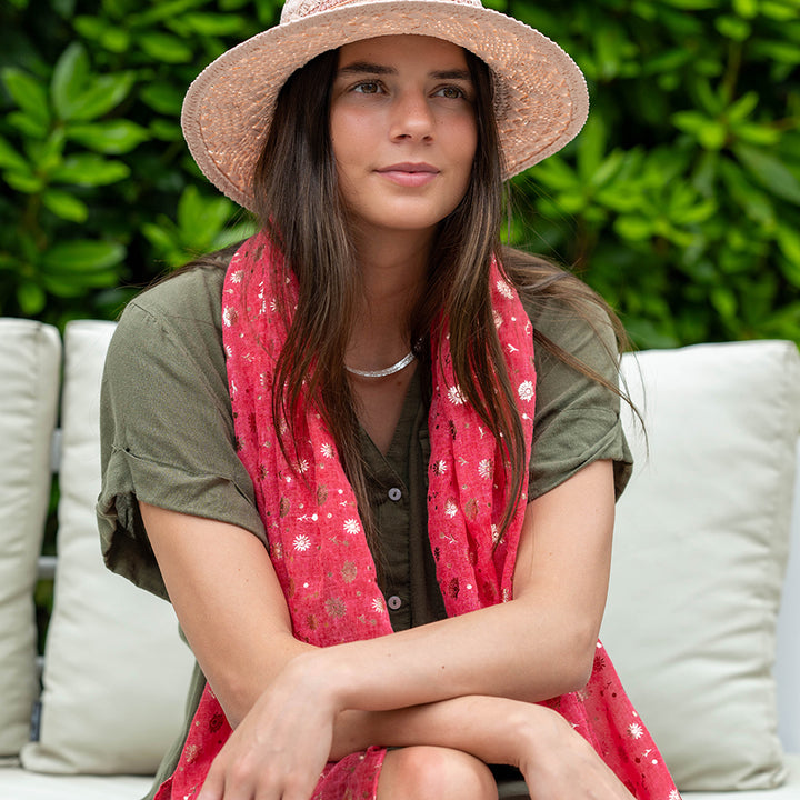 Pom 53189 Coral Recycled Metallic Flower Print Scarf