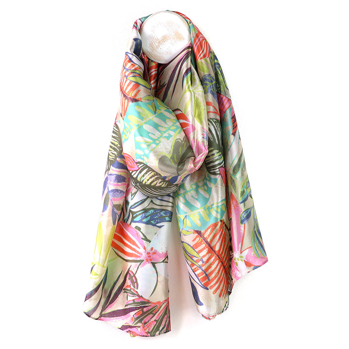 Pom 53202 Bright Recycled Silky Tropical Leaf Print Scarf