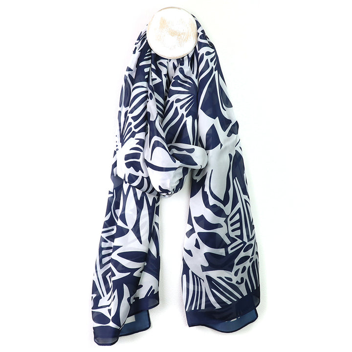 Pom 53211 Navy Recycled Silky Tropical Leaf Print Scarf
