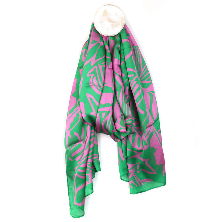 Pom 53213 Green Pink Recycled Silky Tropical Leaf Print Scarf