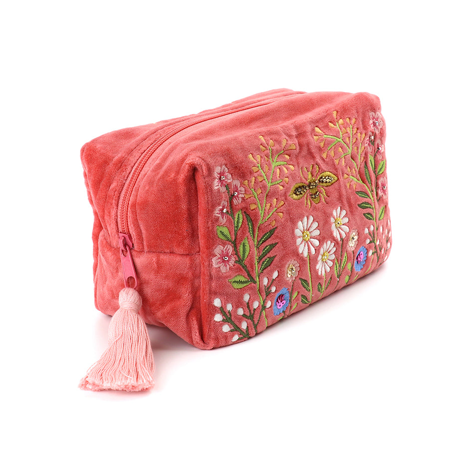 Pom 81860 Salmon Pink Velvet Floral Meadow Washbag