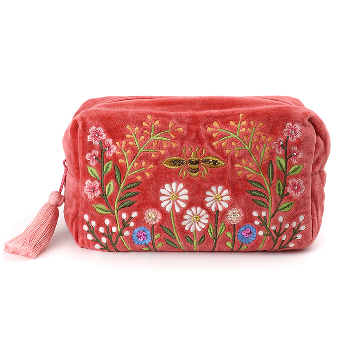 Pom 81860 Salmon Pink Velvet Floral Meadow Washbag