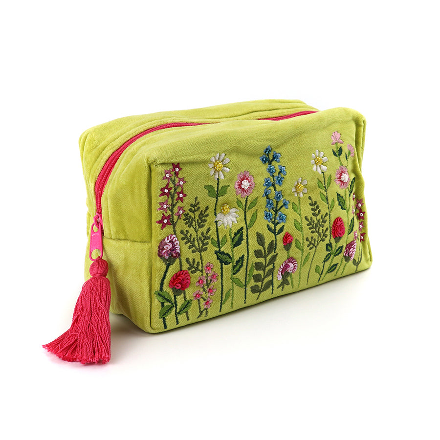 Pom 81863 Lime Green Velvet Floral Meadow Washbag