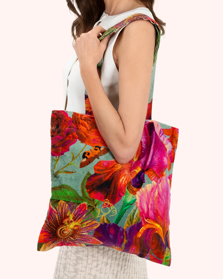 Powder Winter Iris Ice Blue Floral Velvet Tote Bag
