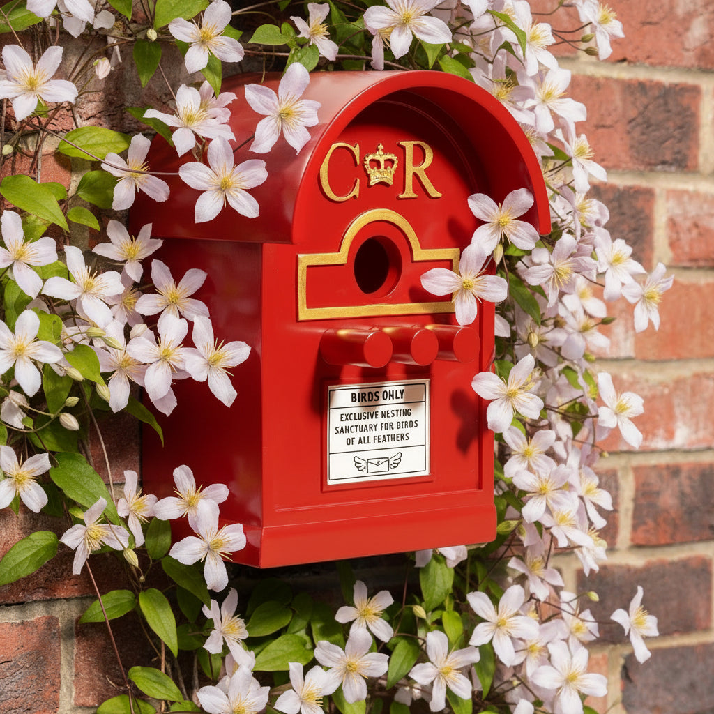 Red post box next box on a wall surrounded by flowering climbing plant