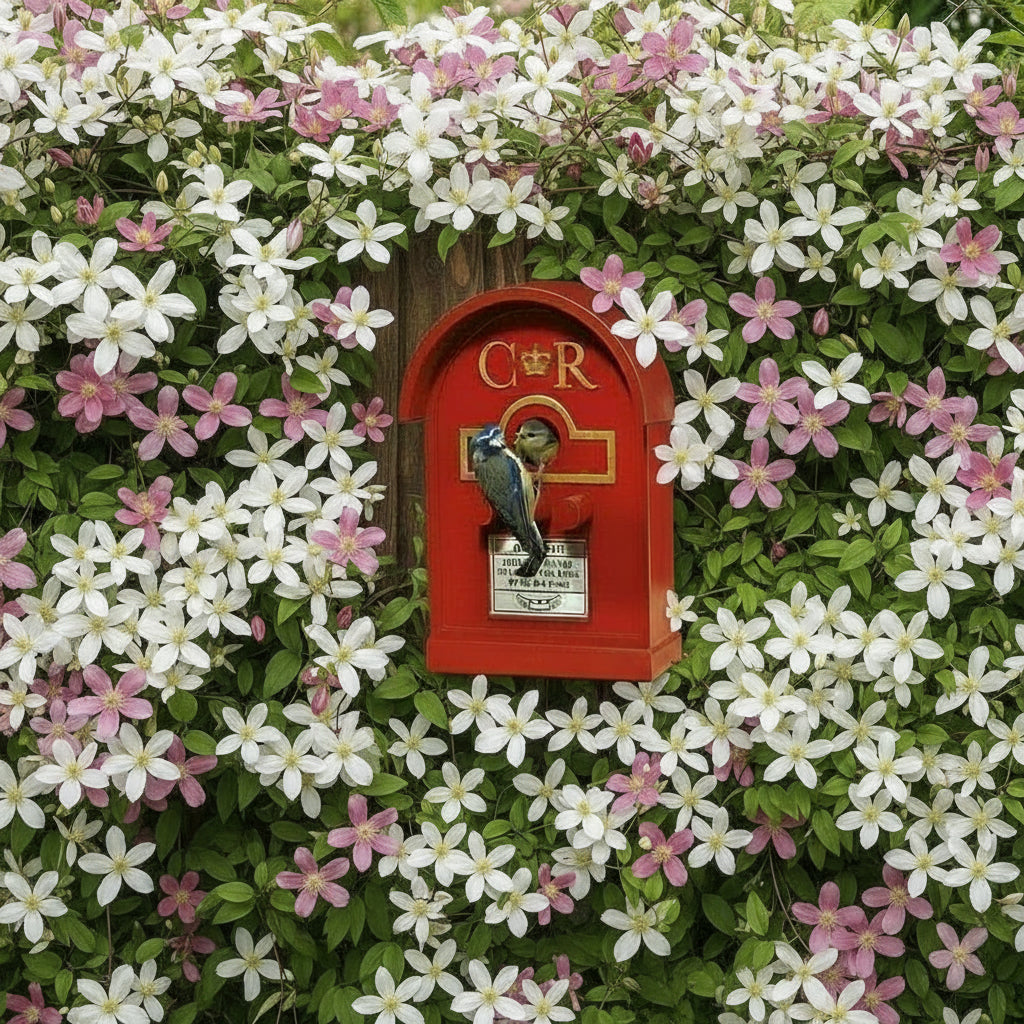 Red bird feeder on a garden fence with a blue tit feeding a baby bird