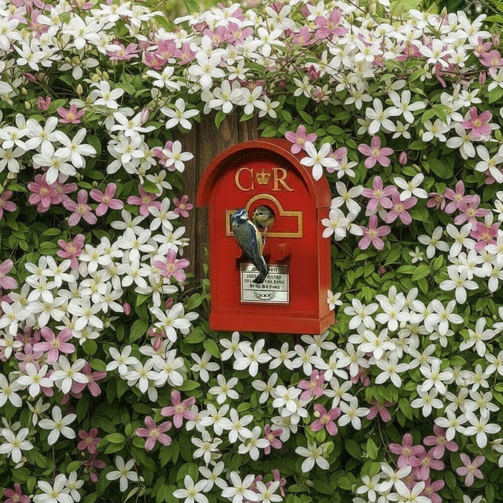 Red bird feeder on a garden fence with a blue tit feeding a baby bird