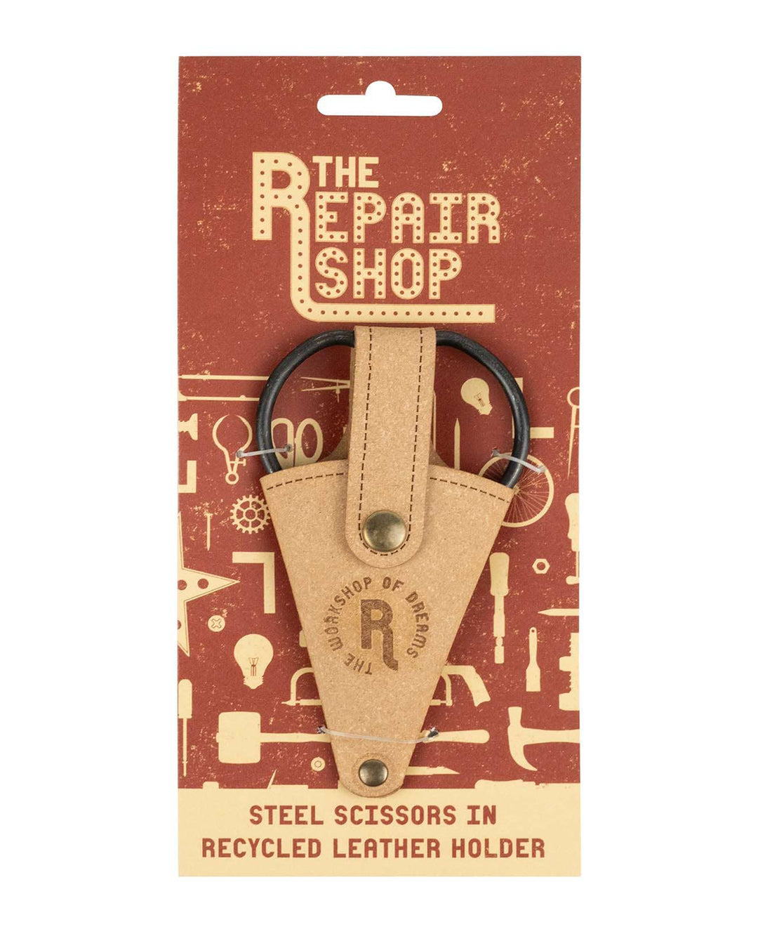 Steel scissors in a recycled leather holder on 'The Repair Shop' packaging.