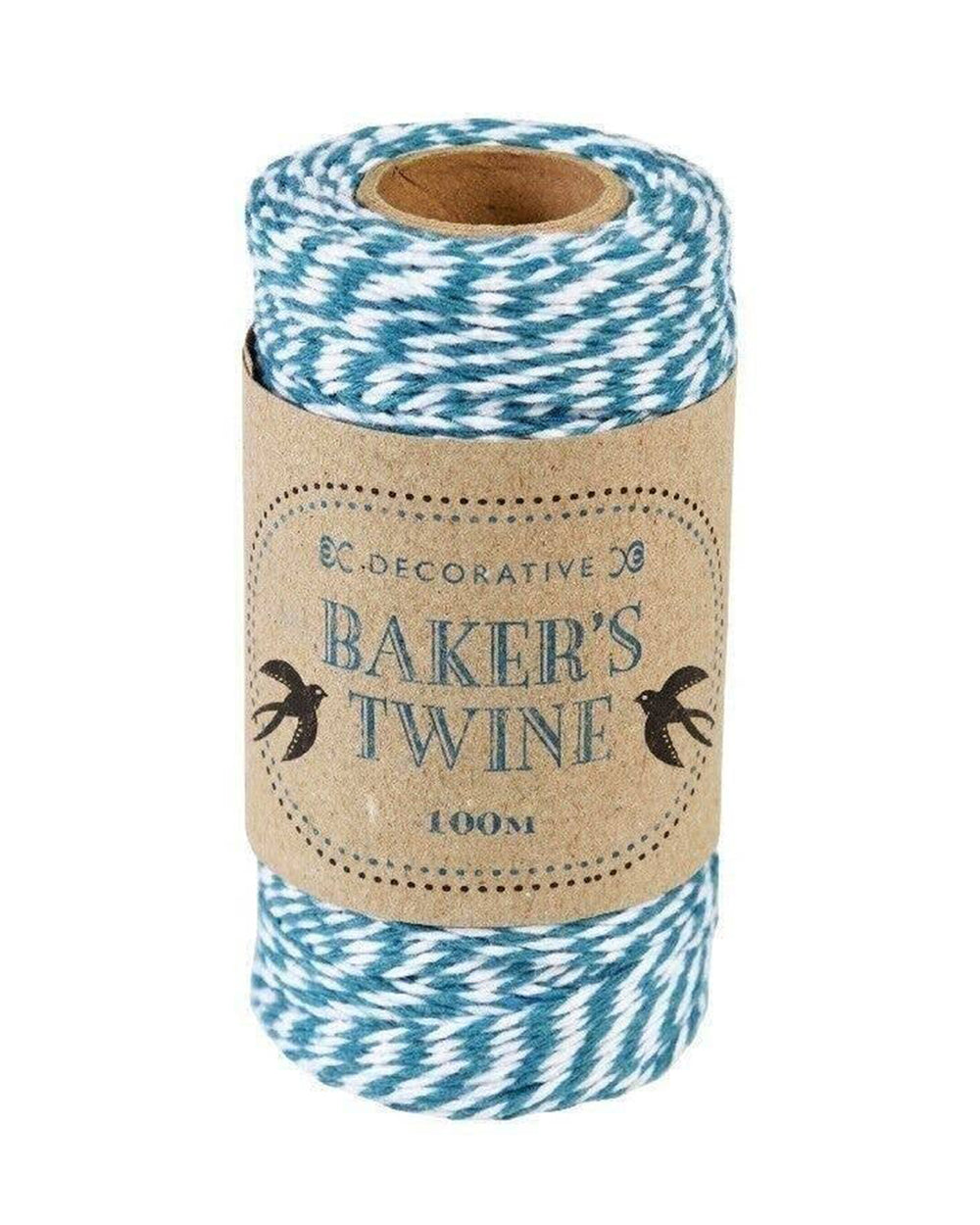 Roll of blue and white Baker's Twine with a decorative label on a white background