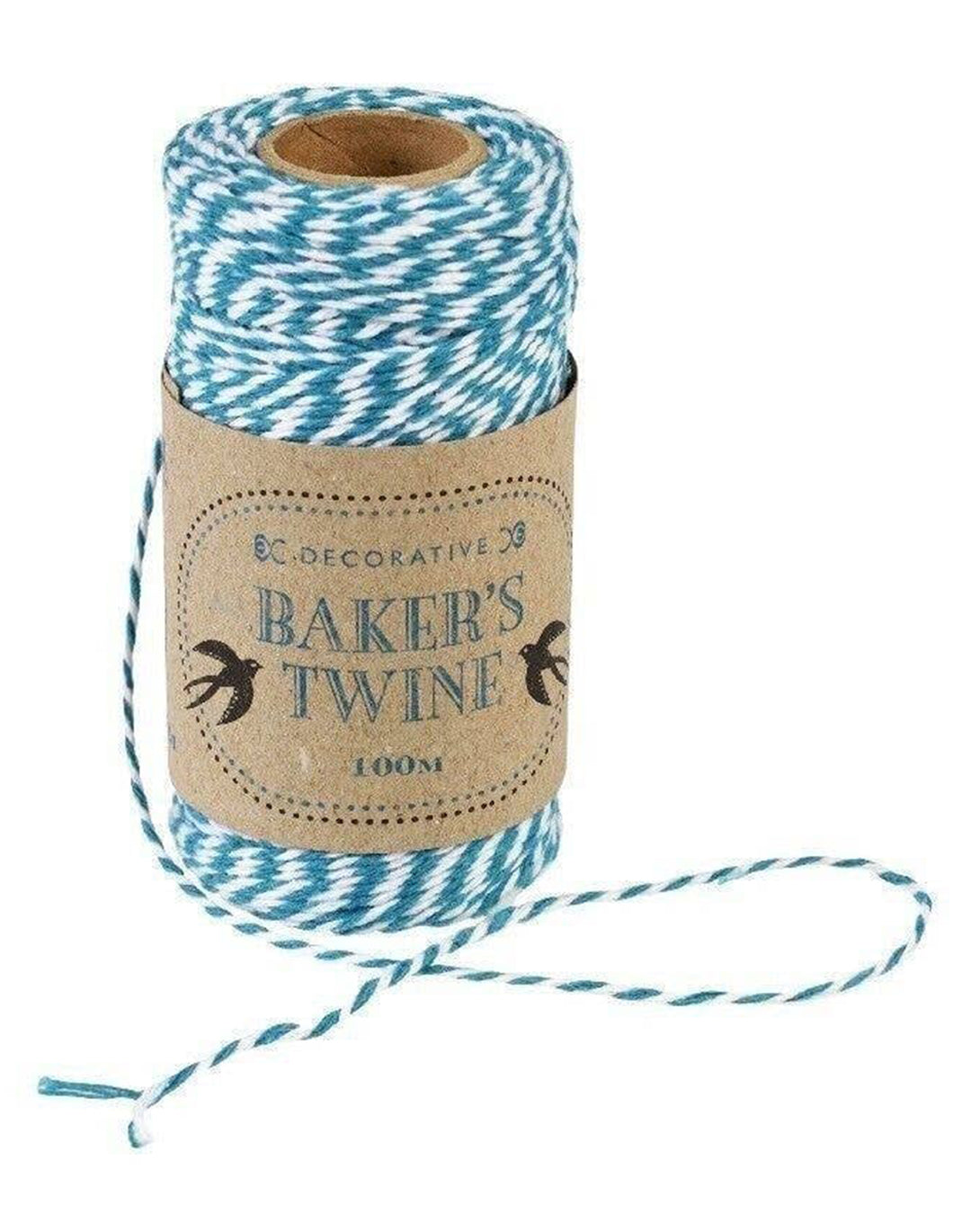 Roll of blue and white baker's twine with a cardboard label on a white background