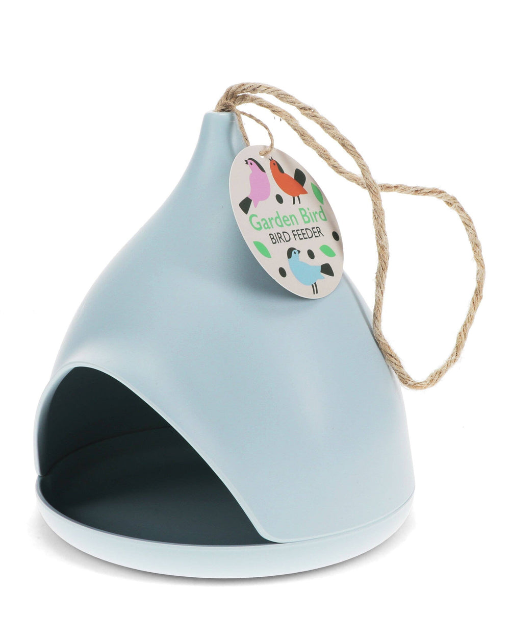 Blue bird feeder with a tag on a white background