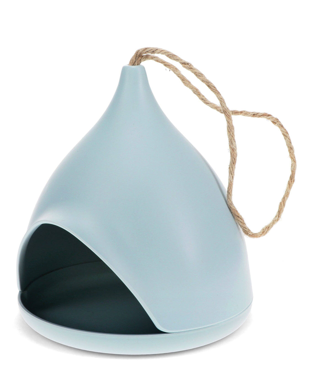 Light blue bird feeder with a rope on a white background