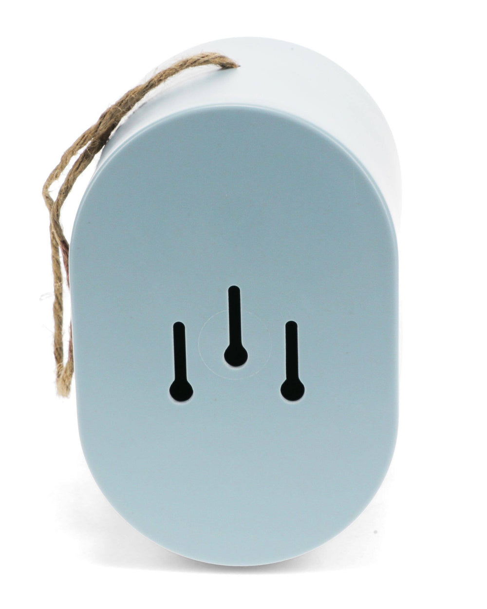 Light blue cylindrical container with black dots and a string on a white background