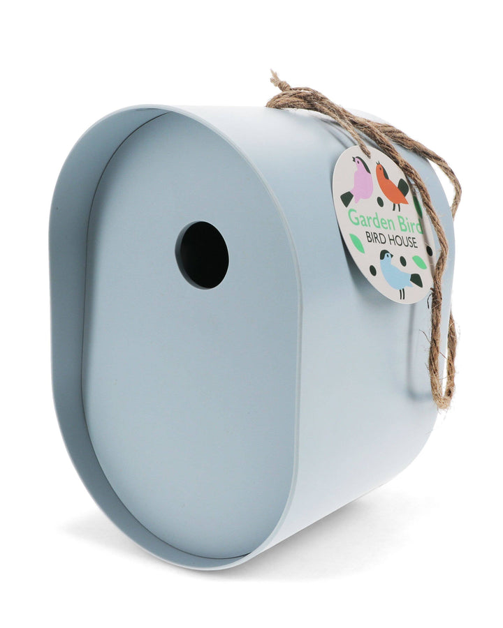 Light blue birdhouse with a tag on a white background