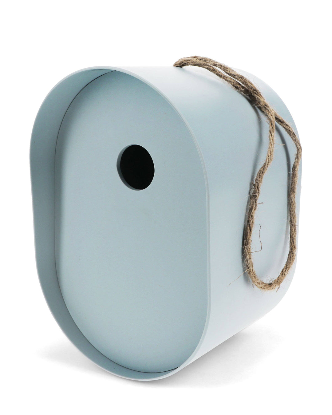 Birdhouse with a light blue and white design on a white background