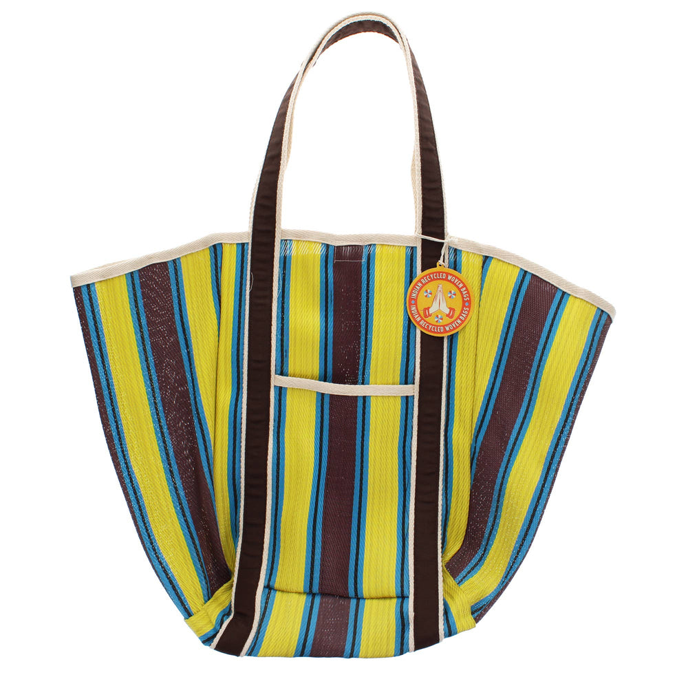 Striped tote bag with a visible brand logo on a white background