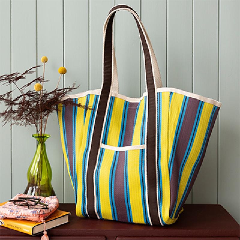 Striped tote bag with a green vase and books on a wooden surface