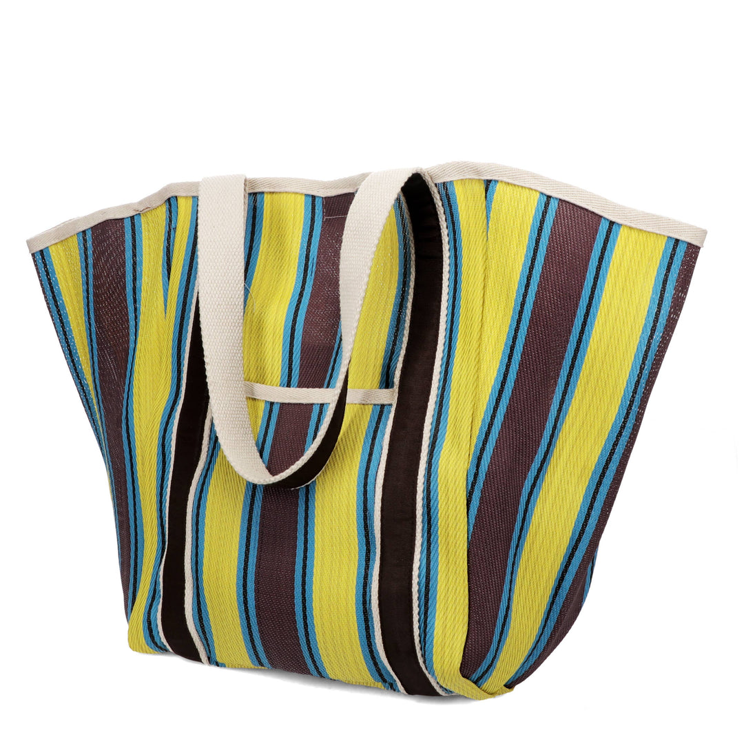 Striped tote bag with brown, yellow, and blue pattern on a white background