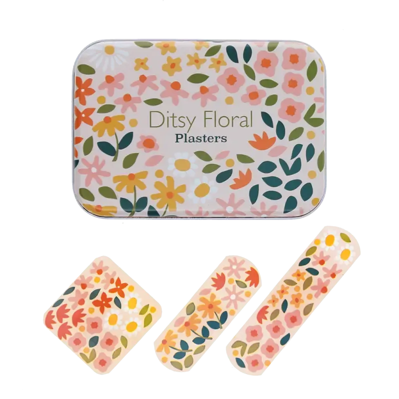 Ditsy Floral plasters tin with colourful flower design on a white background