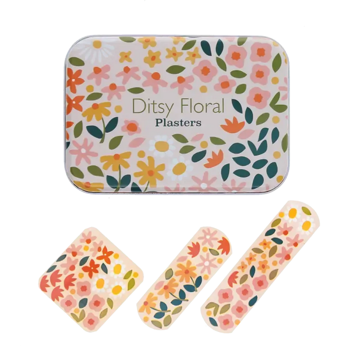 Ditsy Floral plasters tin with colourful flower design on a white background
