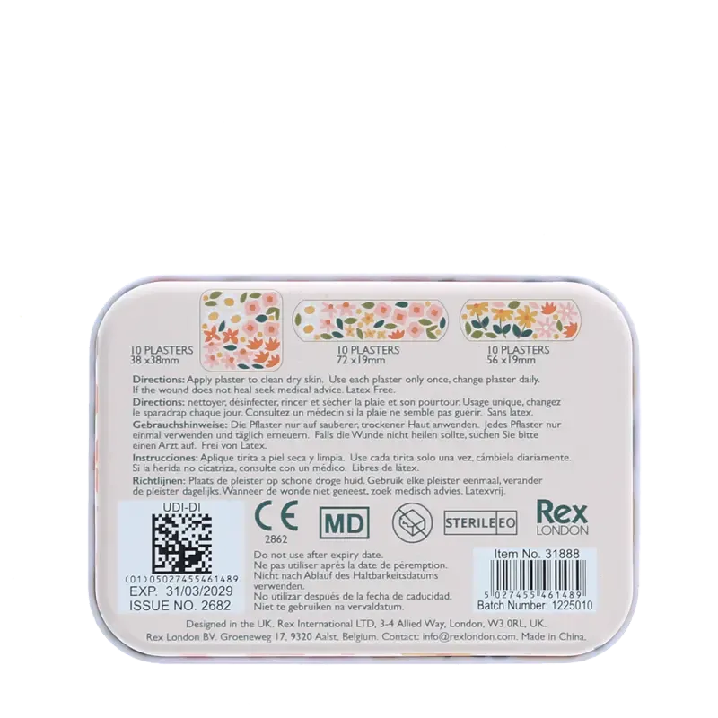 Back of the Ditsy Floral plasters tin with usage instructions