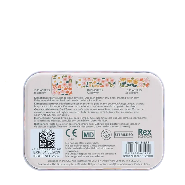 Back of the Ditsy Floral plasters tin with usage instructions