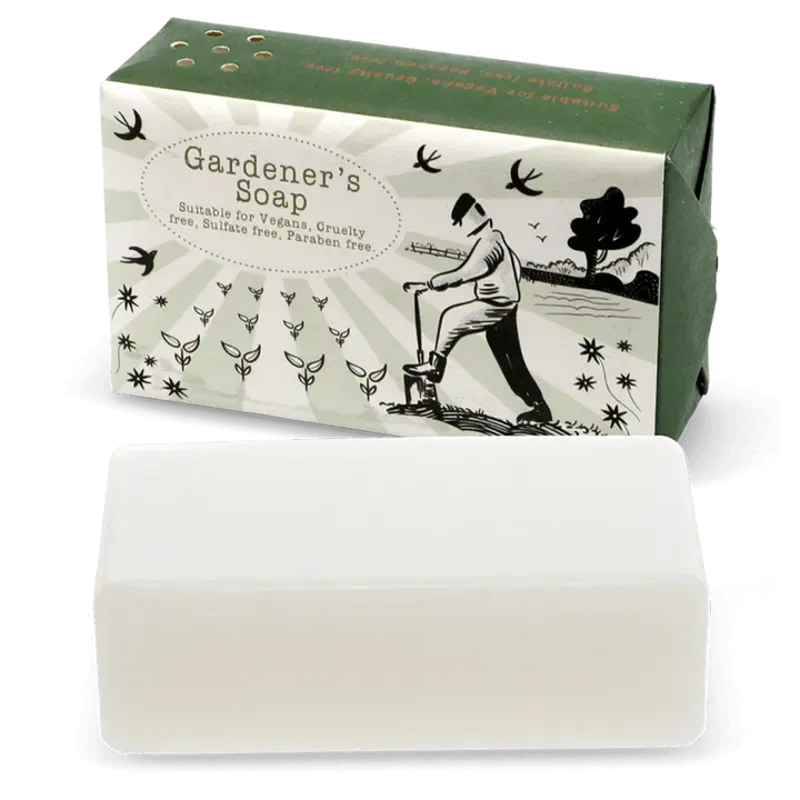 Rustic Fields soap bar showing the vintage gardener illustration