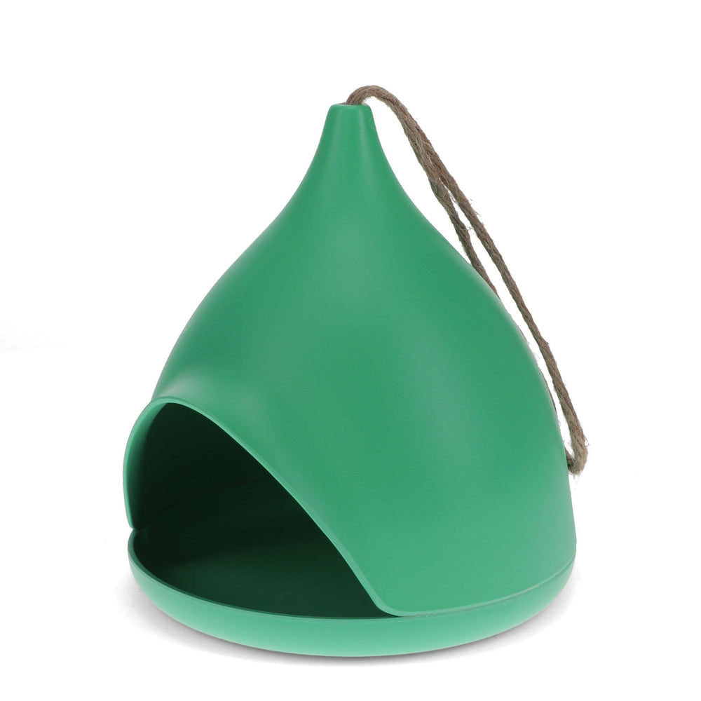 Green pet feeder with a rope handle on a white background
