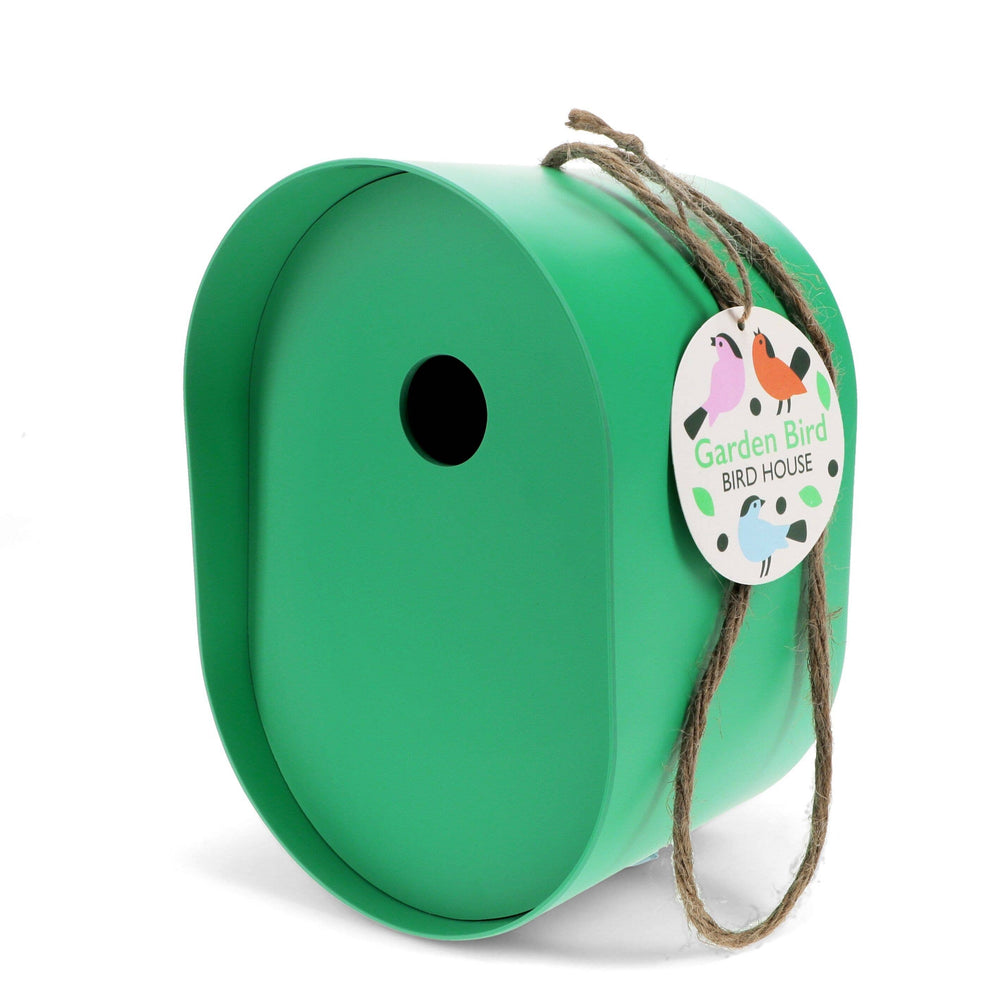 Green birdhouse with a tag on a white background