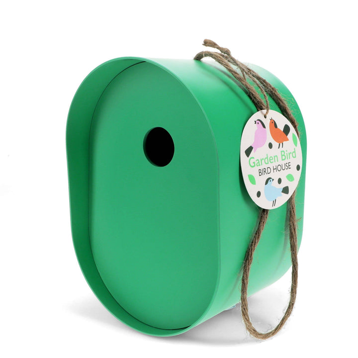 Green birdhouse with a tag on a white background