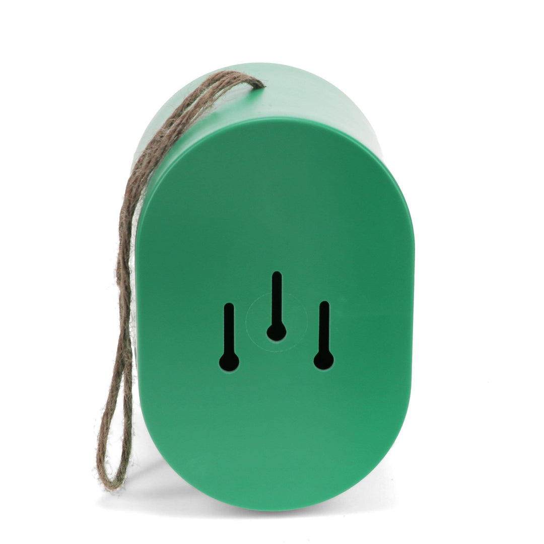 Green cylindrical Birdhouse with a rope on a white background
