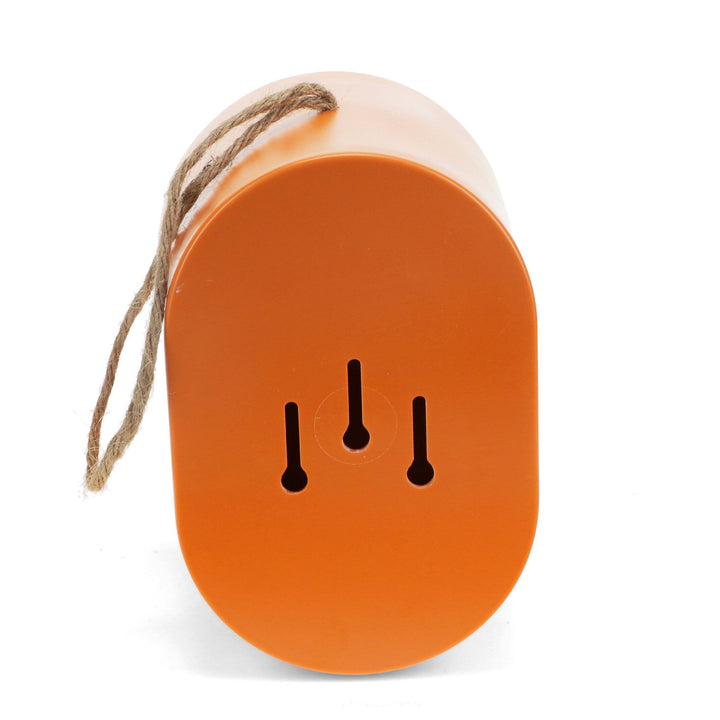 Orange bird feeder with a wooden base on a white background