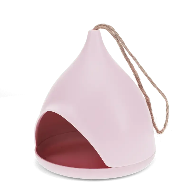 Pink bamboo fibre bird feeder showing the open feeding tray