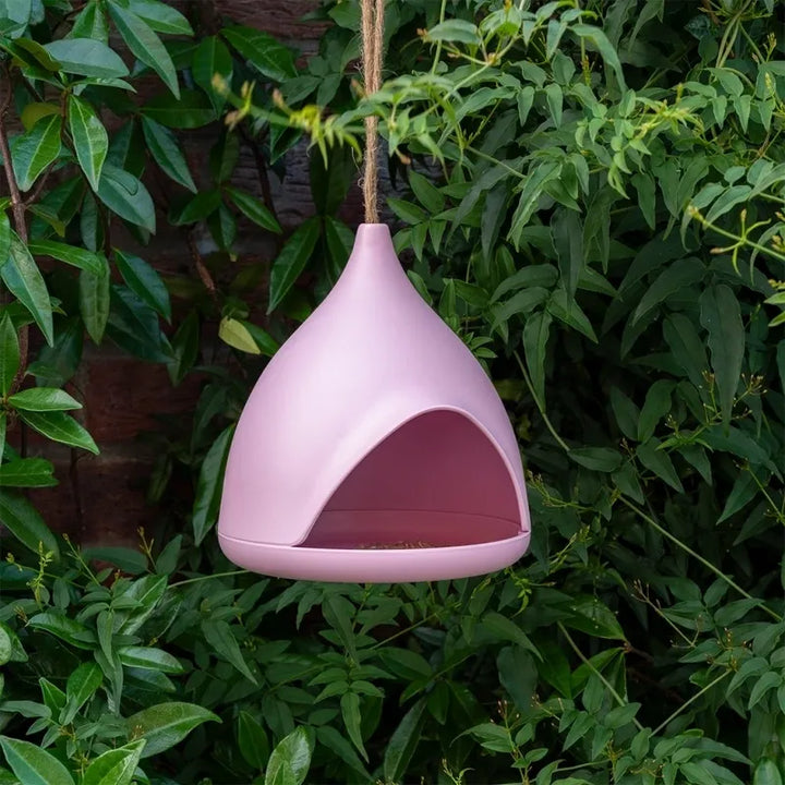 Pink bamboo fibre bird feeder hanging in a garden