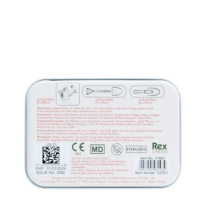 Back of the Rustic Fields plasters tin with usage instructions