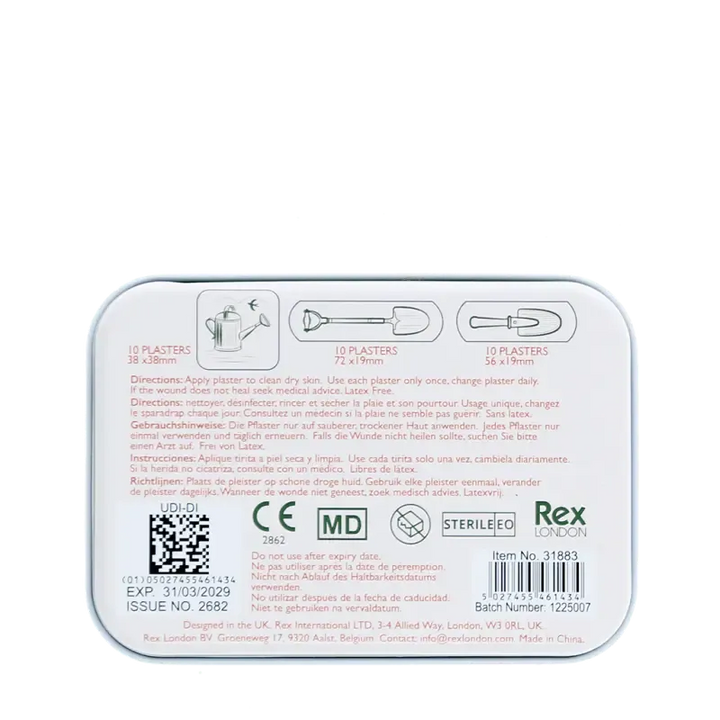Back of the Rustic Fields plasters tin with usage instructions