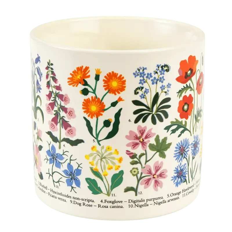 Wild Flowers ceramic mug showing the handle and botanical print