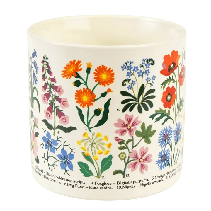 Wild Flowers ceramic mug showing the handle and botanical print