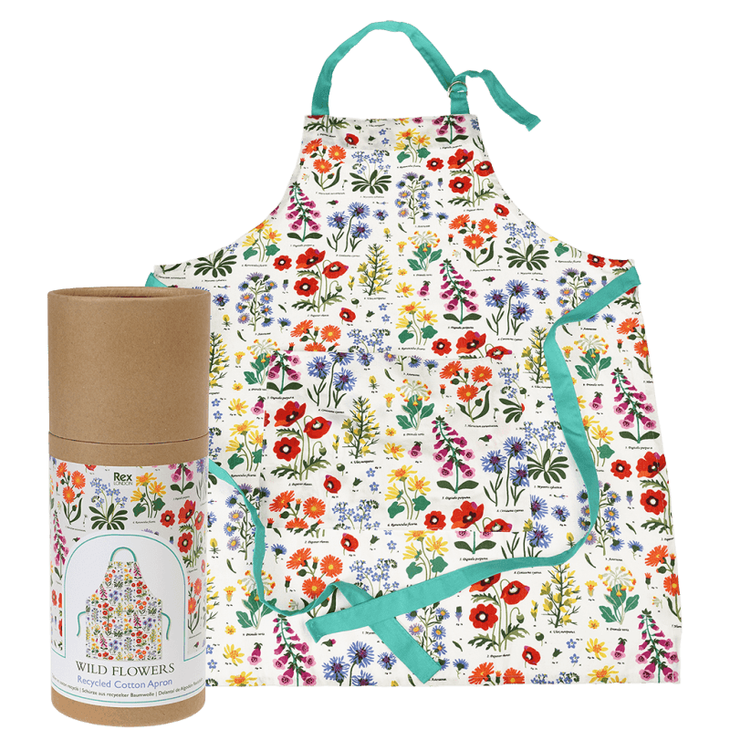 Rex London Wild Flowers recycled cotton apron on a white background