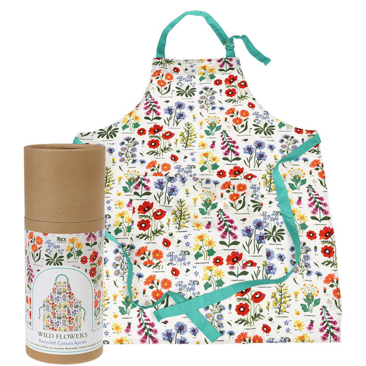 Rex London Wild Flowers recycled cotton apron on a white background