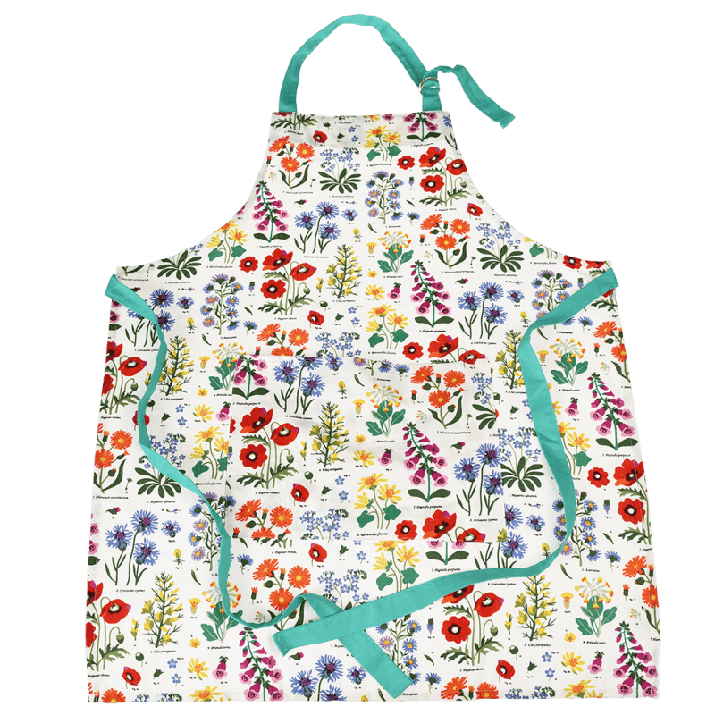 Wild Flowers apron showing the neck strap and waist ties