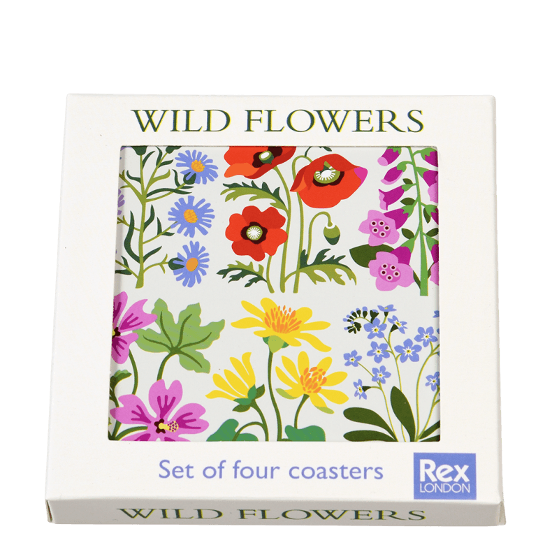 Set of four Rex London Wild Flowers coasters showing the floral print on a white background