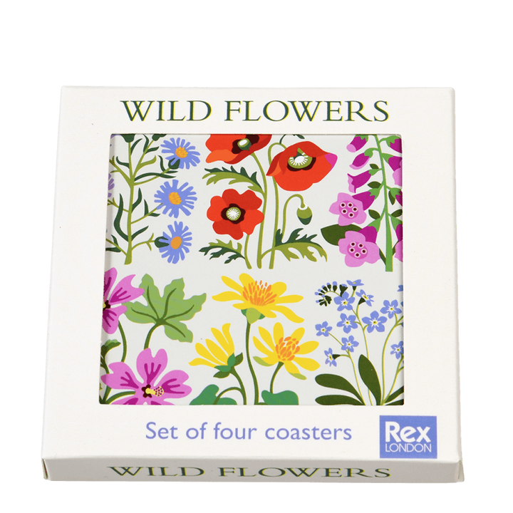 Set of four Rex London Wild Flowers coasters showing the floral print on a white background
