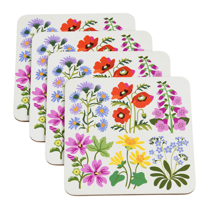 Stacked Wild Flowers coasters showing the cork backing