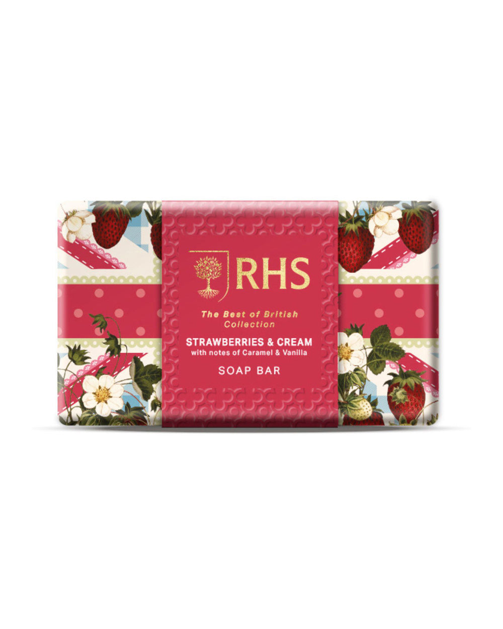 Soap bar with 'RHS' branding and strawberry design on a white background